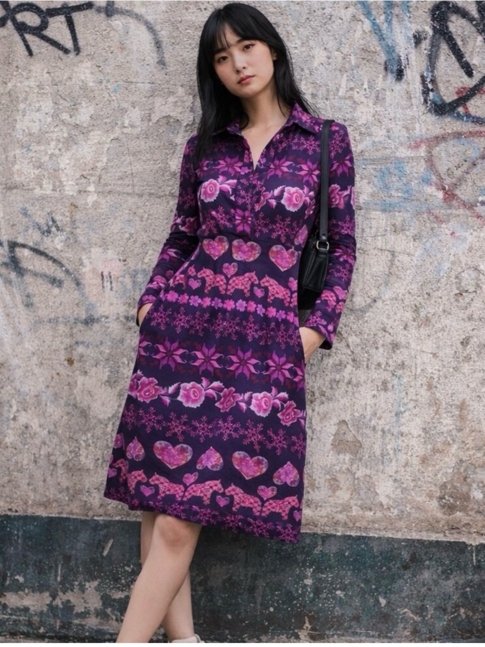 NWT Purple Floral and Animal Print Long-Sleeve Shirt Dress - Rachel Dress - Med